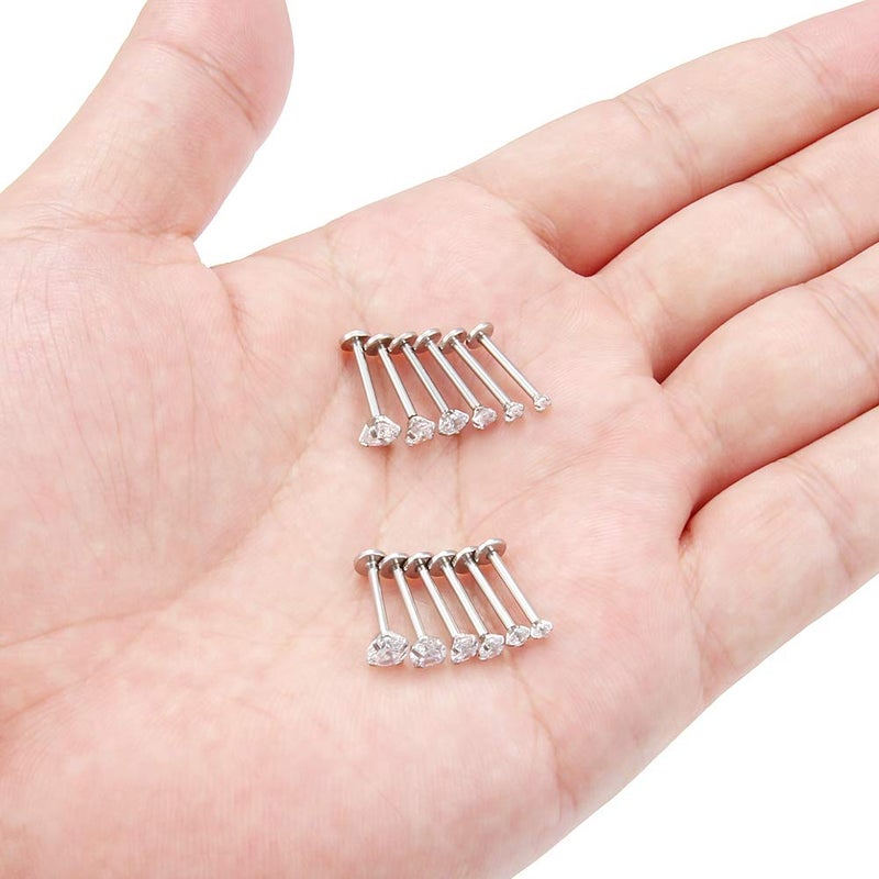 SCERRING 6 Pairs 16g Stainless Steel 2-4.5mm Prong Setting Clear CZ Internally Threaded Labret Monroe Lip Earring Ring Body Piercing Jewelry 10mm - Silver - Image 3